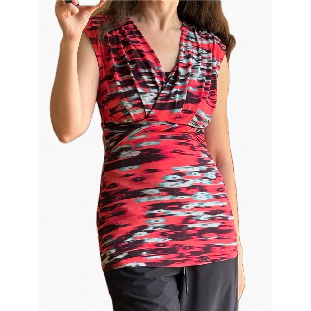 Attention Y2K Ikat Babydoll Sleeveless Top Red Purple Slinky Ruched V Neck Small - Picture 7 of 7